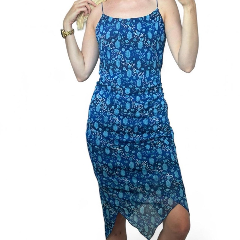 vintage y2k byer too! blue gemstone mesh lined asymmetrical midi dress fairycore